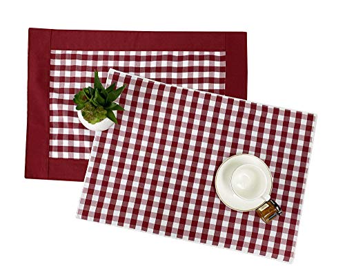 Fennco Styles Handmade Reversible Buffalo Plaid Solid Border Placemats 14" W x 20" L, Set of 4 - Check Farmhouse Table Mats for Home, Dining Table, Banquet, Gathering and Special Occasion
