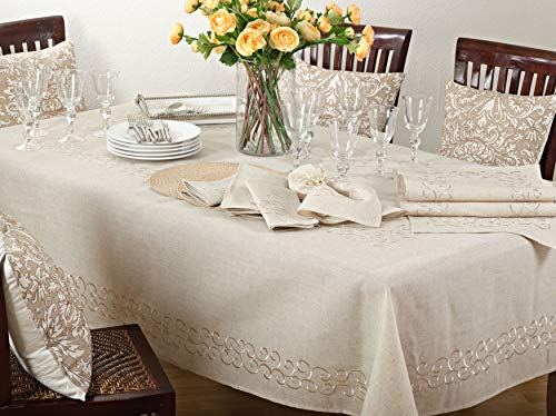 Fennco Styles Classic Embroidery Scroll Border Linen Blend Tablecloth - Natural Tablecloth for Wedding, Banquet, Special Events and Home Décor