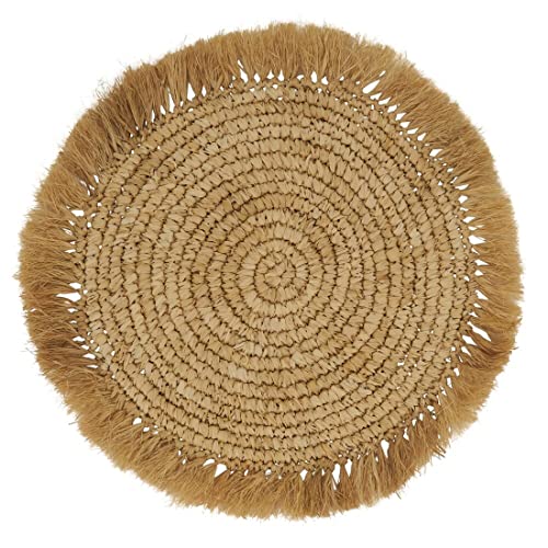 Fennco Styles Raffia Fringe Woven Placemats 15 Inch Round, Set of 4 - Natural Boho Table Mats for Home, Dining Room, Banquets, Family Gathering and Special Occasion