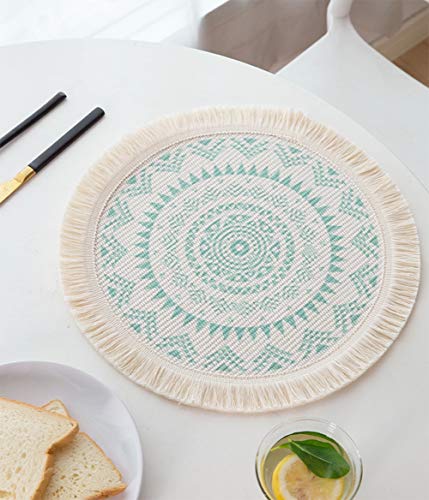 Fennco Styles Boho Mandala Fringe Decorative Cotton Placemats 13-inch Round, Set of 4 - Grey Heat Resistant Insulation Table Mats for Home Decor, Dining Table, Banquets and Special Events