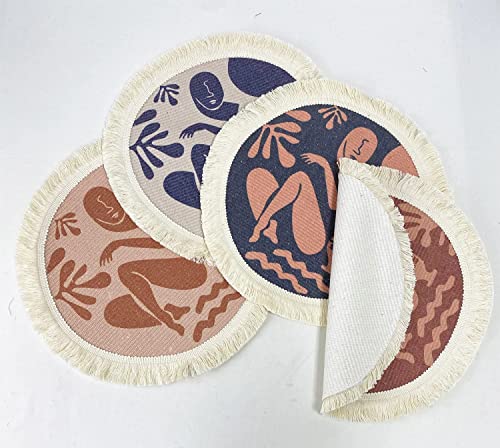 Fennco Styles Art Design Abstract Print Fringe Cotton Placemat 13" Round, Set of 4 - Woven Table Mats for Home Décor, Dining Table, Banquets and Special Events