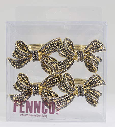 Fennco Styles Stunning Crystal Bowknot Gold-Plated Napkin Rings Wedding Holiday Table Decoration - Set of 4