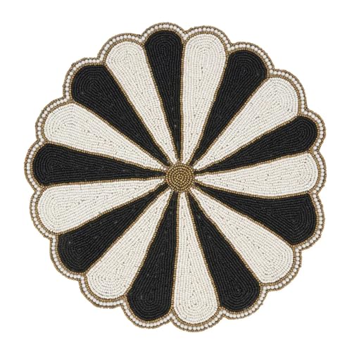 Fennco Style Unique Beaded Pinwheel Holiday Placemat 14" Round, 1-Piece - Black & White Sparkly Table Mat for Home Décor, Christmas, Family Gatherings and Special Events