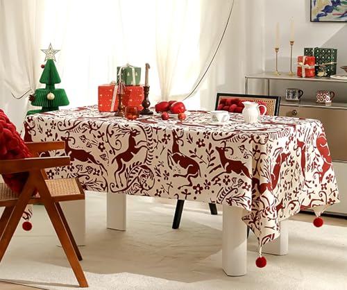Fennco Styles Red Deer and Floral Pom Pom Christmas Tablecloth - Cotton Blend Festive Table Cover for Winter Holidays, Banquets, Family Gatherings and Special Occasions
