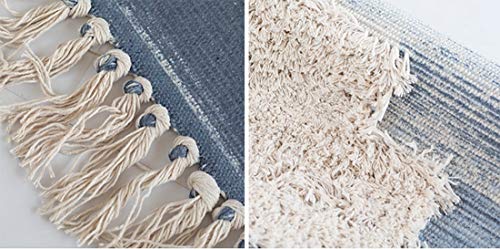 Fennco Styles Ivory Blue Geometric Print Woven Rug Tassel Area Rug for Home Décor, Bedroom, Entryway Mat, Floor Décor
