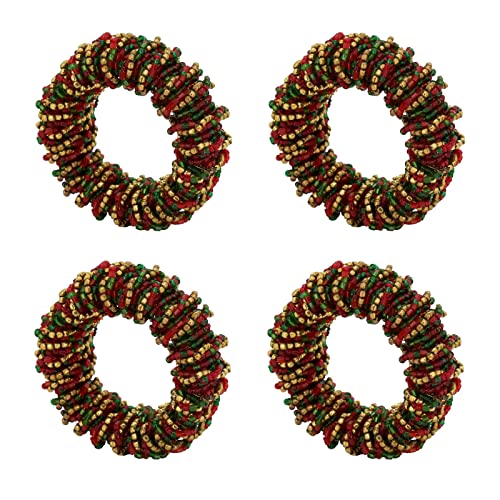 Fennco Styles Hand Beaded Decorative Napkin Rings, Set of 4 - Silver Glass Beads Napkin Holders for Home, Dining Table, Banquet, Christmas, Holiday Décor and Special Occasion