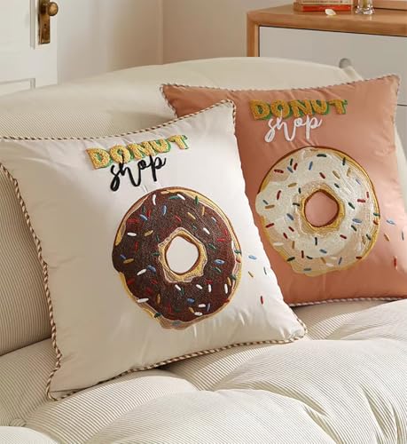 Fennco Styles Cute Embroidered Donut Design Throw Pillow Cover 18" W x 18" L - White Novelty Cushion Case for Home, Couch, Sofa, Bedroom, Kids Room, Playroom and Office Décor