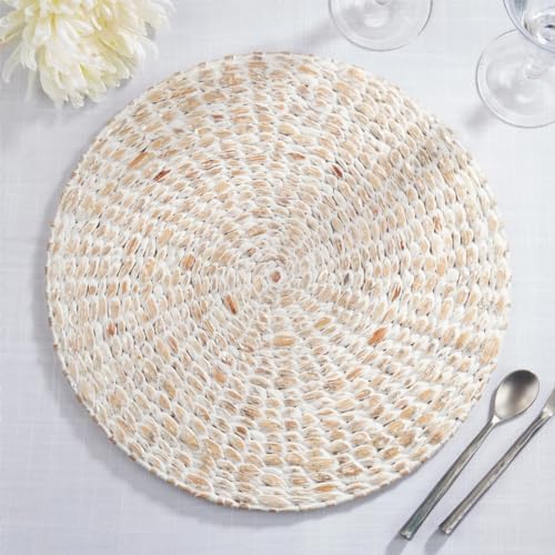 Fennco Styles Foil Print Water Hyacinth Placemats 15" Round, Set of 4 - Silver Metallic Table Mats Heat Resistant Insulation for Home, Boho Décor, Dining Table, Banquets, Special Events