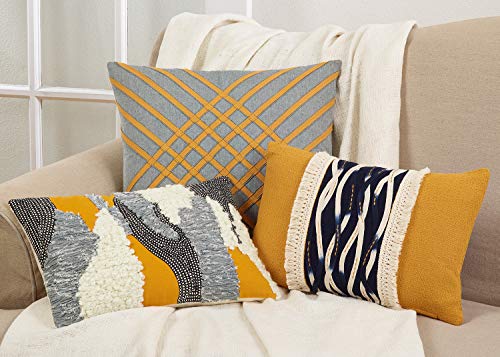 Fennco Styles Moutarde Collection Bohemian Cross Hatch 100% Pure Cotton 18 x 18 Inch Throw Pillow with Case & Insert – Blue Grey Lumbar Pillow for Couch, Bedroom and Living Room Décor