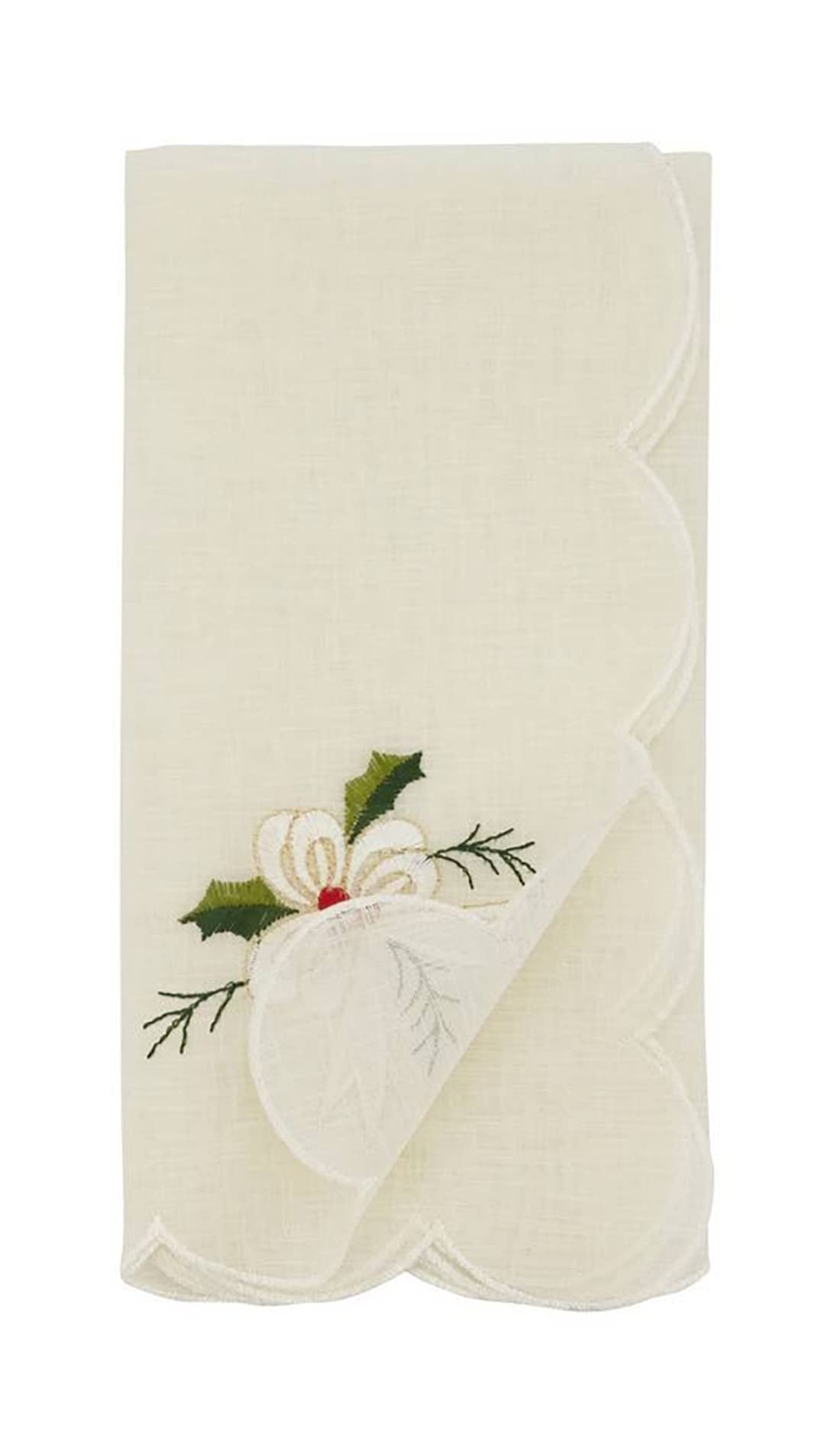 Fennco Styles Embroidered Holly & Ribbon Design Holiday Placemats 14" W x 20" L, Set of 4 - Natural Table Mats for Christmas, Winter Holidays, Home Décor, Banquet, Family Gathering, Special Occasion