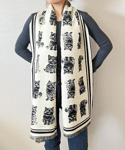 stylesilove Women Cute Kitten Print Cashmere Scarf Warm Ultra Soft Fringe Scarves Shawl Neck Wraps for Autumn and Winter