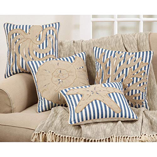 Fennco Styles Nautical Sea Creatures 18 Inch Square Cotton Down Filled Decorative Throw Pillow – Striped Navy Blue Cushion for Couch, Sofa, Bedroom, Office and Living Room Décor