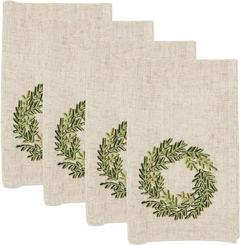 Fennco Styles Embroidered Wreath Christmas Cloth Napkins 20" W x 20" L, Set of 4 - Natural Linen Blend Dinner Napkin for Winter Holidays, Family Gatherings, Banquets, Special Events