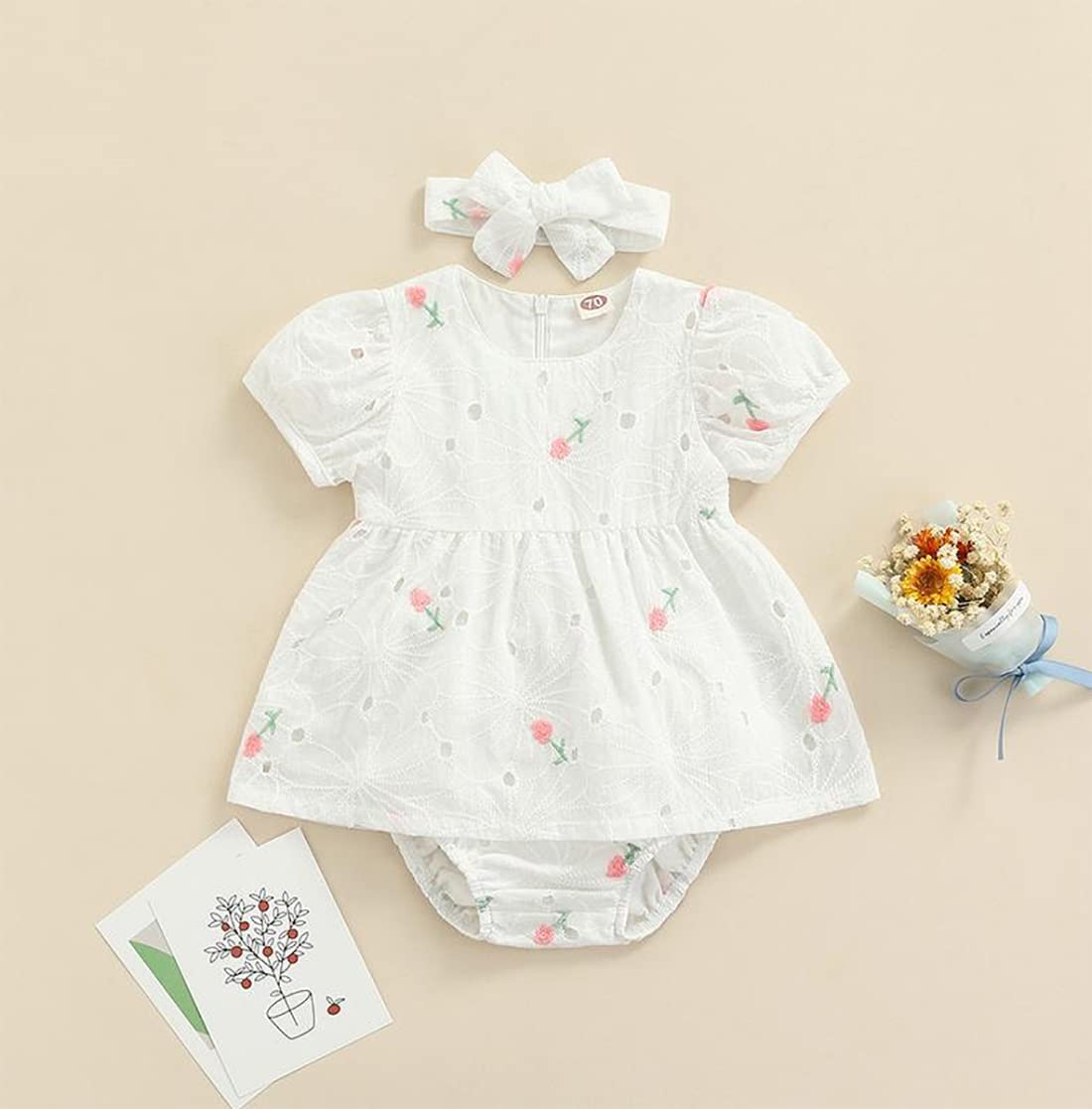 stylesilove Infant Baby Girls Eyelet Flower Embroidered Dress, Bloomers, Headband 3pcs Outfit White Short Sleeve Cotton Dress
