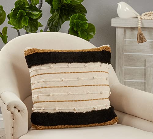 Fennco Styles Embroidered Stripe Cotton Decorative Throw Pillow 20" W X 20" L – Gold Textured Cushion for Couch, Sofa, Bedroom, Office and Living Room Décor