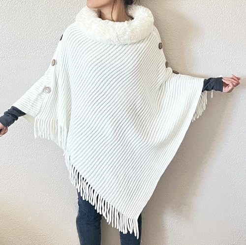 stylesilove Women Solid Knitted Faux Fur Collar Poncho with Fringe Pullover Cardigan Soft Wrap for Fall Winter Seasons