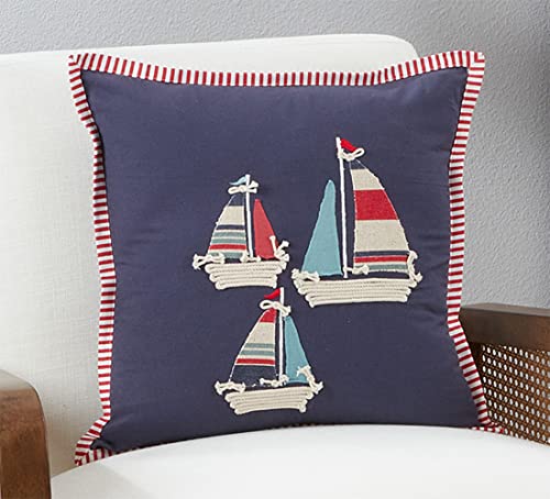 Fennco Styles Nautical Sail Boat Appliqué Cotton Decorative Throw Pillow 18" W x 18" L – Navy Blue Coastal Cushion for Couch, Sofa, Bed, Holidays, Home Décor and Office Décor