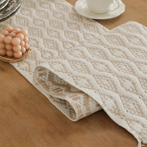 Fennco Styles Modern Diamond Woven Table Runner 14" W x 72" L - Ivory Geometric Fringe Table Mats for Dining Room, Banquets, Family Gatherings, and Holidays