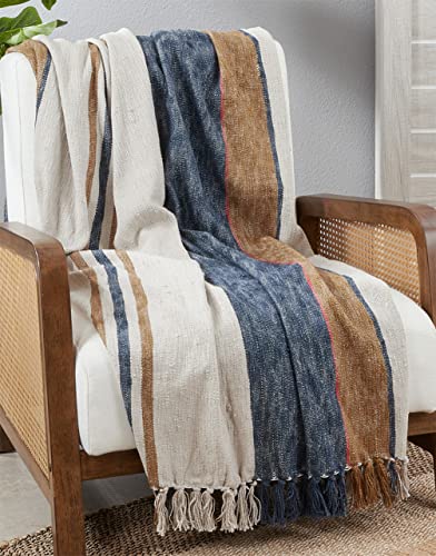 Fennco Styles Striped Cotton Throw Blanket with Tassel 52" W x 68" L – Navy Blue Textured Blanket for Bed, Couch, Sofa, Holidays, Home Décor and Office Décor