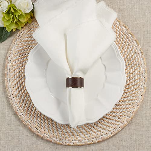 Fennco Styles Leather Brass Napkin Rings, Set of 4 - Round Napkin Holder for Everyday Use, Dining Table Décor, Banquets and Special Occasion