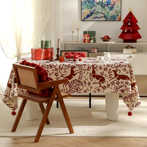 Fennco Styles Red Deer and Floral Pom Pom Christmas Tablecloth - Cotton Blend Festive Table Cover for Winter Holidays, Banquets, Family Gatherings and Special Occasions