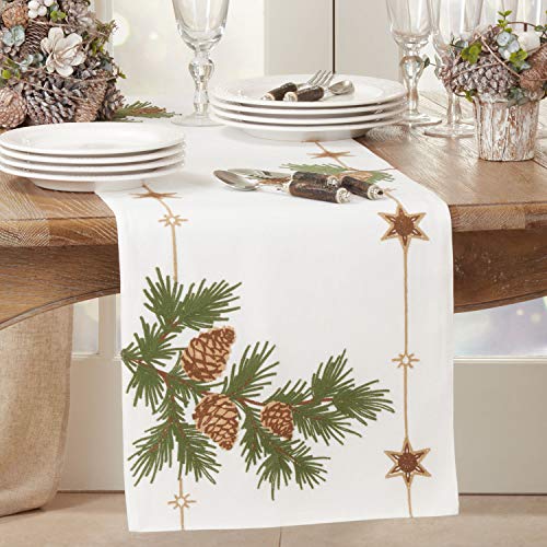 Fennco Styles Embroidered Pinecone Christmas Table Runner 16" W x 70" L - Festive Table Cover for Home Décor, Dining Table, Banquet, Family Gathering, Holiday and Special Occasion