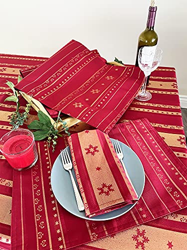 Fennco Styles Holiday Metallic Snowflake Printed Tablecloth 70" W x 70" L - Red Woven Table Cover for Home Décor, Banquet, Family Gathering, Christmas, Special Occasion (20"X20" Napkin, Set of 4)