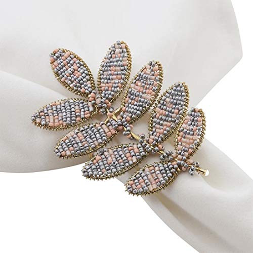 Fennco Styles Hand Beaded Leaf Decorative Napkin Rings, Set of 4 - Green Napkin Holders for Home, Dining Room, Banquet, Family Gathering, Holiday Décor and Special Occasion