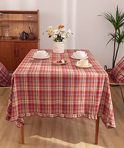Fennco Styles Plaid Ruffled Border Cotton Woven Tablecloth 56" W x 71" L - Khaki Tartan Table Cover for Banquets, Holiday, Special Events, Home, Dining Room Décor and Everyday Use