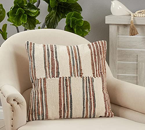 Fennco Styles Woven Chindi Striped Cotton Decorative Throw Pillow Cover 20" W x 20" L – Multicolor Textured Cushion Case for Couch, Bedroom and Living Room Décor