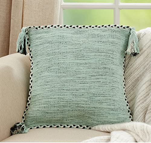 Fennco Styles Braided Broder Tassel Cotton Decorative Throw Pillow 18" W x 18" L - Woven Square Cushion for Home, Couch, Living Room, Bedroom, Office and Holiday Décor