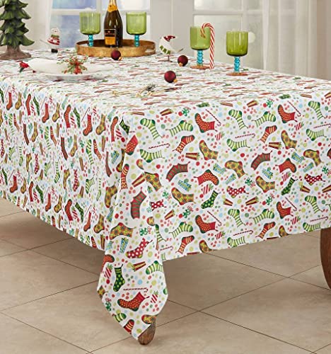 Fennco Styles Christmas Stockings Holiday Tablecloth 65" W X 84" L - Multicolor Stocking Print Festive Table Cover for Christmas Décor, Dining Room, Banquet, Family Gathering and Special Events