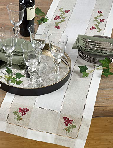 Fennco Styles Hommage Brodé Collection Cottage Lemon Embroidery Border Hemstitch Table Runner 15 x 70 Inch – Ivory Table Cover for Wedding, Banquet, Tea Party and Home Décor