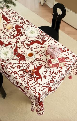 Fennco Styles Red Deer and Floral Pom Pom Christmas Tablecloth - Cotton Blend Festive Table Cover for Winter Holidays, Banquets, Family Gatherings and Special Occasions