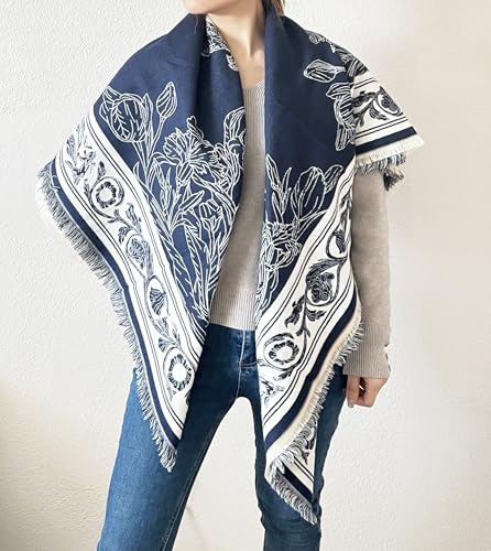 stylesilove Women Navy Blue Floral Reversible Cashmere Scarf Warm Ultra Soft Square Shawl Lightweight Wraps for Autumn and Winter