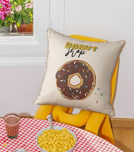 Fennco Styles Cute Embroidered Donut Design Throw Pillow Cover 18" W x 18" L - White Novelty Cushion Case for Home, Couch, Sofa, Bedroom, Kids Room, Playroom and Office Décor