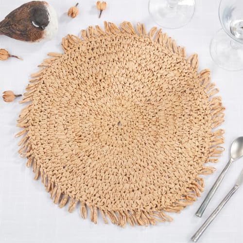 Fennco Styles Raffia Fringe Placemat 14" Round, Set of 4 - Black Woven Rustic Table Mat for Home, Dining Room, Banquets, Boho Decor, Family Gathering and Special Occasion