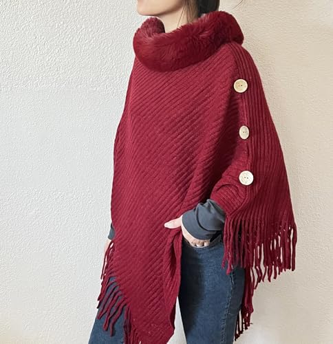 stylesilove Women Solid Knitted Faux Fur Collar Poncho with Fringe Pullover Cardigan Soft Wrap for Fall Winter Seasons