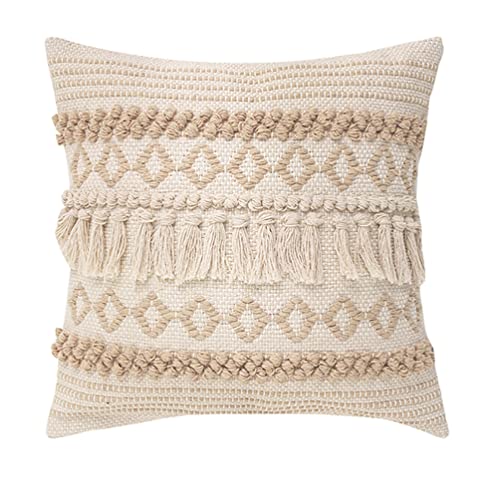 Fennco Styles Handwoven Diamond Tassel Decorative Throw Pillow Cover 18" W x 18" L - Natural Textured Boho Cushion Case for Home, Couch, Living Room, Bedroom and Office Décor