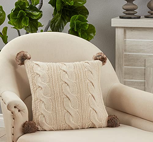 Fennco Styles Classic Cable Knitted Pom Pom Decorative Throw Pillow 18" W x 18" L – Grey Textured Cushion for Home, Couch, Sofa, Bedroom, Office Décor and Special Occasion