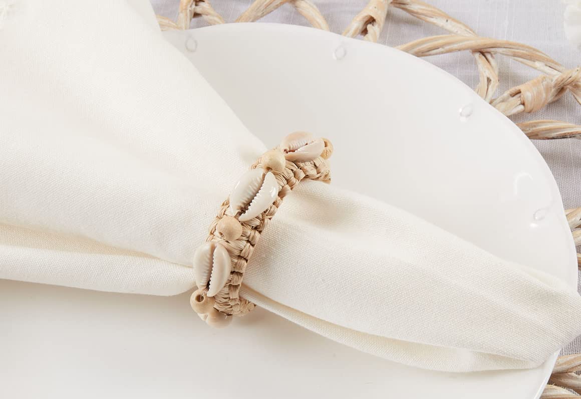 Fennco Styles Handmade Seashell Water Hyacinth Napkin Rings, Set of 4 - Natural Coastal Napkin Holders for Home, Dining Table, Banquets, Holidays and Special Events