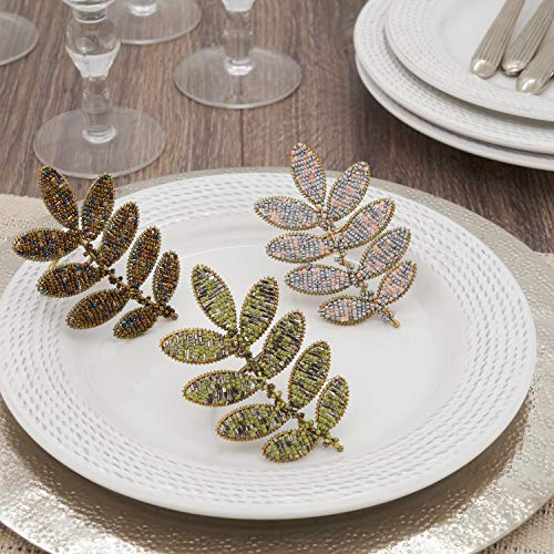 Fennco Styles Hand Beaded Leaf Decorative Napkin Rings, Set of 4 - Green Napkin Holders for Home, Dining Room, Banquet, Family Gathering, Holiday Décor and Special Occasion