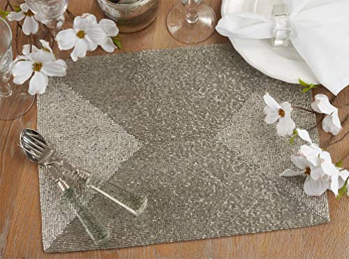 Fennco Style Hand Beaded Metallic Table Placemat 13" W x 18" L, 1-Piece - Silver Glass Beads Table Mat for Banquets, Christmas, Special Events and Home Décor