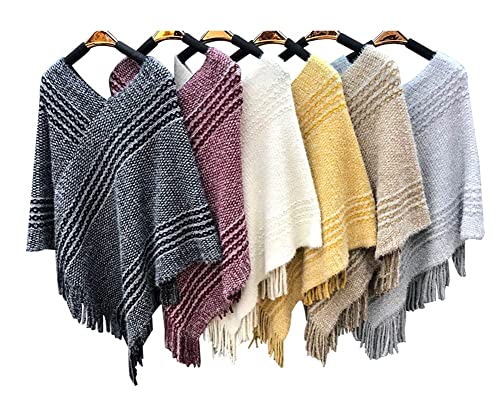 stylesilove Autumn Winter Women Stripe Knitted V-Neck Fringe Poncho Pullover Sweater Lightweight Cape Cozy Wrap Tassel Shawl