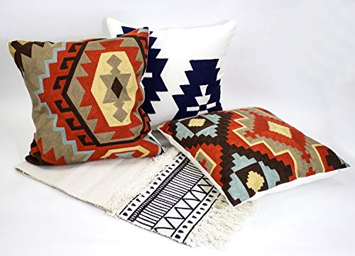 Fennco Styles Stylish Embroidered Tribal Kilim Canvas Cotton Throw Pillow 18" Square