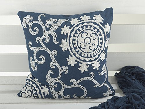Fennco Styles Embroidered Medallion Cotton Down Filled Decorative Throw Pillow 18" W x 18" L - Cobalt Blue Cushion for Couch, Living Room, Bedroom, Office and Everyday Decor Use