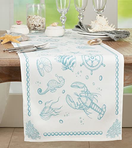 Fennco Styles Coastal Collection Sea Life Table Runner 16" W x 72" L - Aqua Sea Creatures Table Cover for Everyday Use, Family Gathering, Banquets and Special Occasion