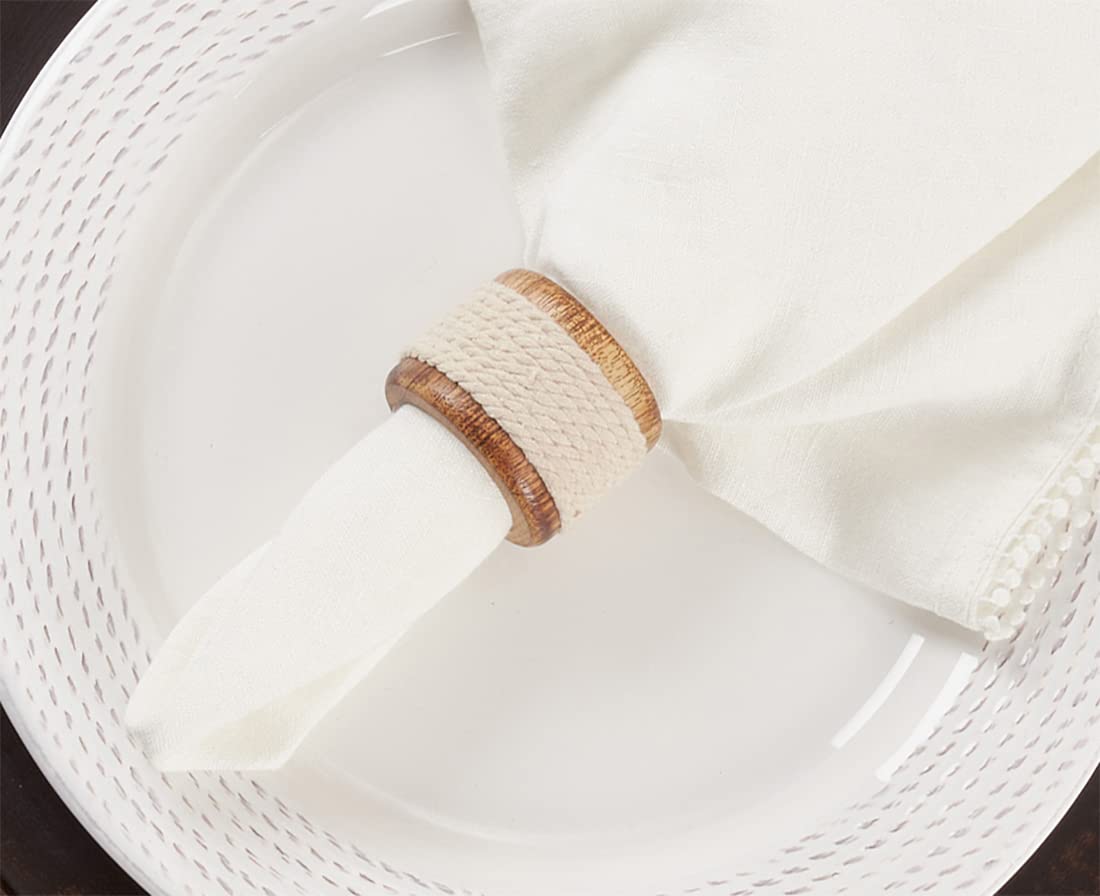 Fennco Styles Handmade Rope & Wood Design Napkin Rings, Set of 4 - Natural Decorative Napkin Holders for Home, Dining Room, Banquet, Family Gathering, Holiday and Special Occasion