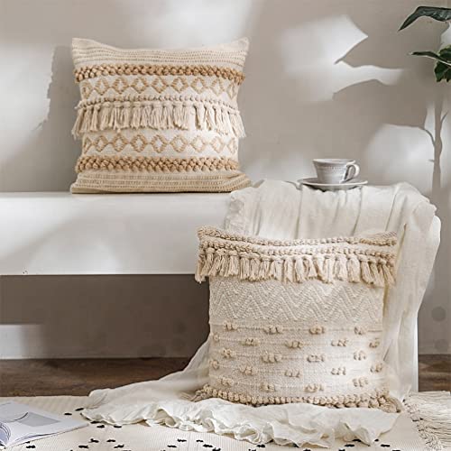 Fennco Styles Handwoven Diamond Tassel Decorative Throw Pillow Cover 18" W x 18" L - Natural Textured Boho Cushion Case for Home, Couch, Living Room, Bedroom and Office Décor