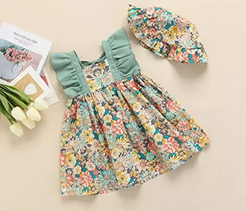 stylesilove Baby Toddler Girls Multi Floral Printed Sleeveless Ruffle Cotton Dress & Hat 2pcs Spring Summer Green Sundress